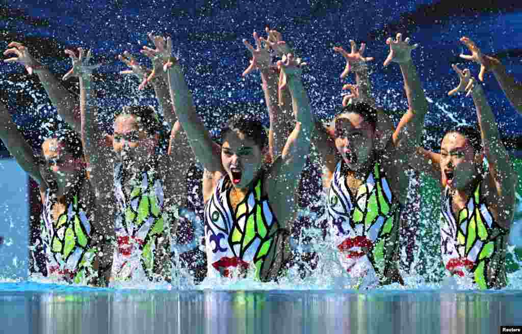 Team Japan compete during the women&#39;s team technical preliminary at the 19th FINA World Championships in Budapest, Hungary.