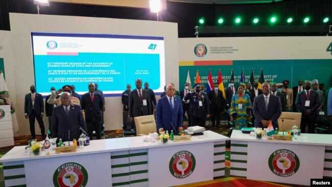Ghana's President Nana Akufo Addo, ECOWAS Commission President Jean-Claude Kassi Brou and Ivory Coast's President Alassane Ouattara attend the ECOWAS summit to discuss transitional roadmap for Mali, Burkina Faso and Guinea, in Accra, Ghana, July 3, 2022.