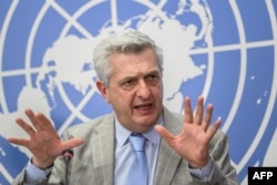 United Nations High Commissioner for Refugees Filippo Grandi attends a press conference on the UNHCR annual global trends report on forced displacement at the United Nations offices in Geneva on June 13, 2022.