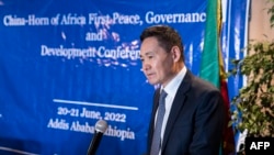 China's Special Envoy to the Horn of Africa Xue Bing speaks during the first China-Horn of Africa Peace, Governance and Development Conference, in Addis Ababa, Ethiopia, June 20, 2022.