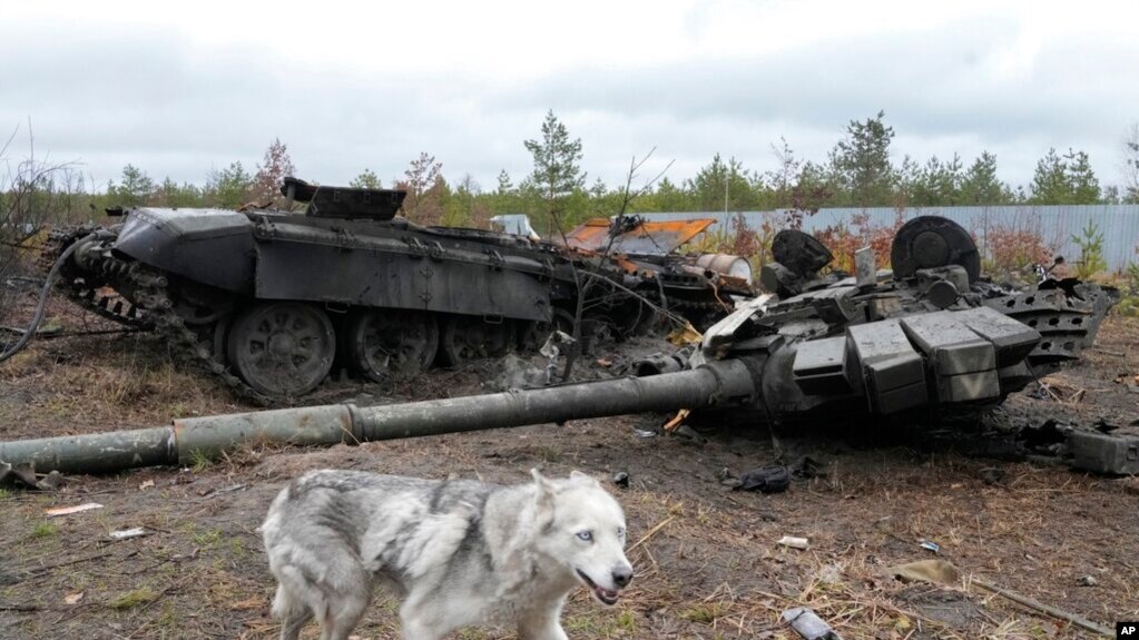 Një tank i shkatërruar rus në fshatin Dmytrivka, pranë Kievit (2 prill 2022)