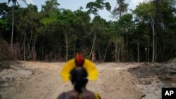FILE - An Indigenous Chief looks out at a path created by loggers on the border between the Biological Reserve Serra do Cachimbo and Menkragnotire Indigenous lands, in Altamira, Para state, Brazil, Aug. 31, 2019. 