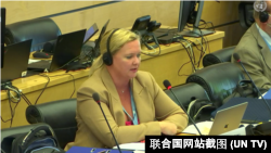 联合国人权事务委员会委员瓦西尔卡·桑钦 (Vasilka Sancin)向香港特区政府代表团提问，2022年7月7日。（联合国网站截图）