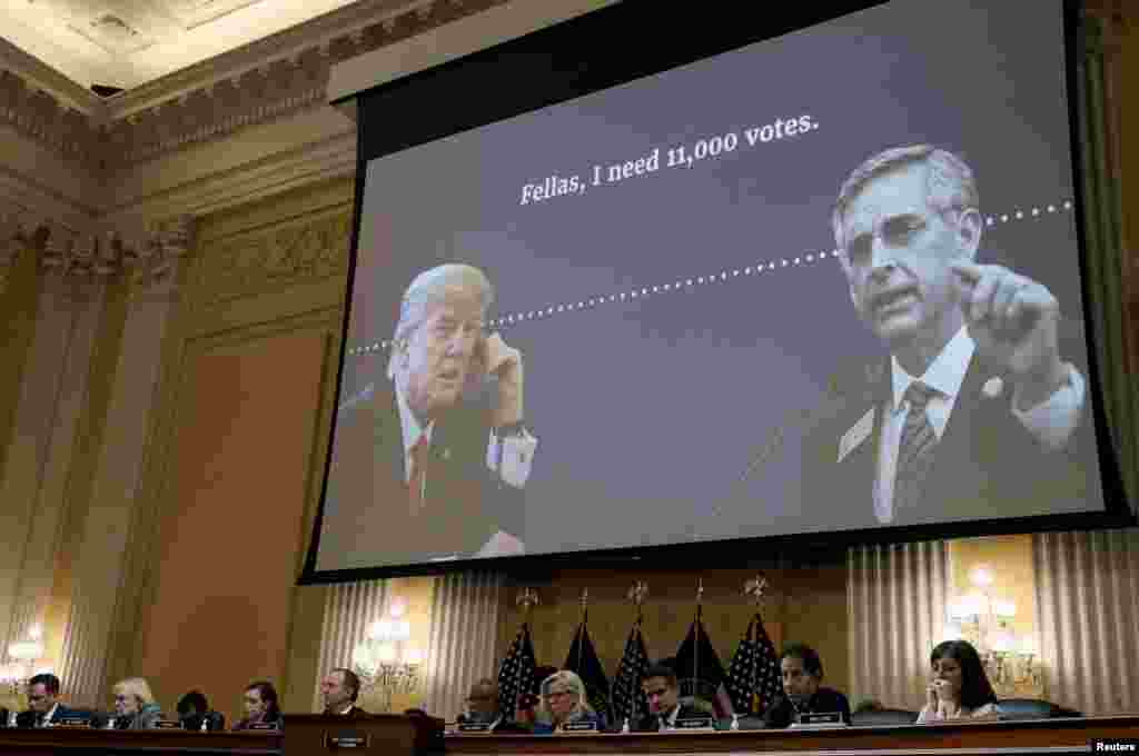 An audio recording of a phone call between former U.S. President Donald Trump and Georgia Secretary of State Brad Raffensperger is played during the fourth of eight planned public hearings of the U.S. House Select Committee to investigate the January 6 attack on the U.S. Capitol, on Capitol Hill in Washington, June 21, 2022.