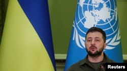 El presidente de Ucrania, Volodymyr Zelenskyy, ofrece un discurso ante los miembros del Consejo de Seguridad de la ONU, el 28 de abril de 2022.