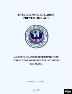 美国海关及边境管理局针对《防止强迫维吾尔人劳动法》提供的进口商指南。(截屏，2022年6月21日)