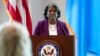 FILE - Linda Thomas-Greenfield, US ambassador to the United Nations, introduces US Secretary of State Antony Blinken before a town hall at the US Mission to the United Nations with members of staff, May 19, 2022, in New York.