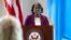 FILE - Linda Thomas-Greenfield, US ambassador to the United Nations, introduces US Secretary of State Antony Blinken before a town hall at the US Mission to the United Nations with members of staff, May 19, 2022, in New York.