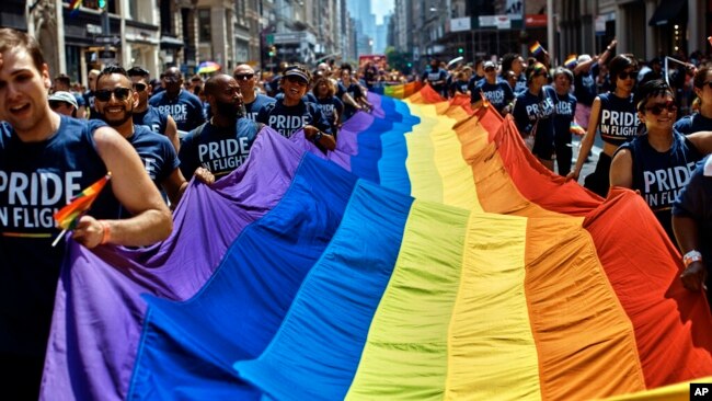 FILE - Reveler carry a LTBGQ flag along Fifth Avenue during the New York City Pride Parade on June 24, 2018, in New York.