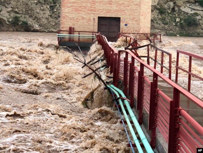 This photo provided by the City of Billings shows flooding at the Billings water plant on Wednesday, June 15, 2022, forcing the city plant to shut down in Billings, Mont. (City of Billings via AP)