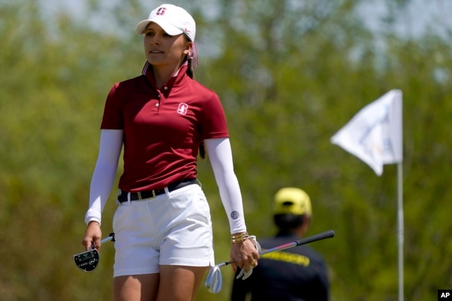 Stanford golfer Aline Krauter walks off the first green after her putt during the NCAA college women's golf championship title match at Grayhawk Golf Club against Oregon, Wednesday, May 25, 2022, in Scottsdale, Ariz. (AP Photo/Matt York)