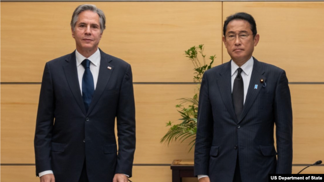 美國國務卿布林肯2022年7月11日在東京與日本首相岸田文雄會面。 (布林肯國務卿推特賬號)