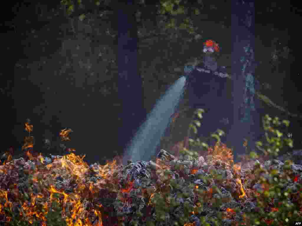 A firefighter of the SDIS 37 fire department extinguish a wildfire blaze in a forest in Genille, Central France, June 18, 2022.