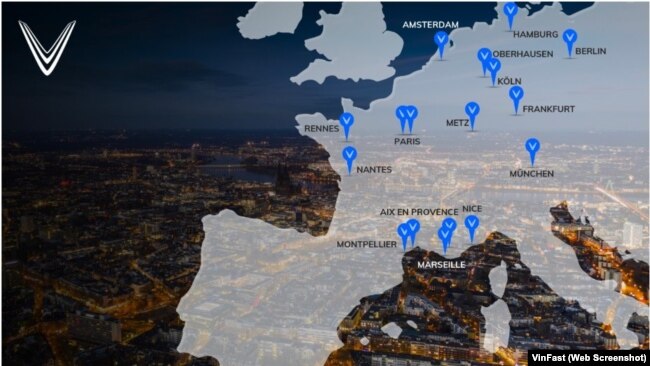 Bản đồ phát triển mạng lưới đại lý của VinFast ở châu Âu.
