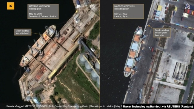 На этом снимке, предоставленном Maxar, изображено российское судно «Матрос Позынич» в Севастополе (слева) и в сирийском порту Латакия