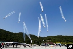 지난 2014년 10월 한국 경기도 파주에서 탈북민단체 회원들이 대북전단이 매달린 풍선을 북쪽으로 날려보내고 있다.