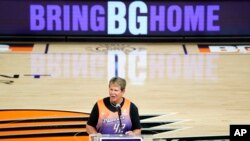 Ann Meyers Drysdale, Vice President of the Phoenix Suns & Mercury, speaks at a rally for Brittney Griner Wednesday, July 6, 2022, in Phoenix. Griner has been detained in Russia since mid-February, charged in Russia for having vape cartridges containing hashish.