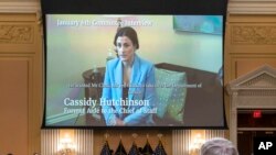 FILE - Cassidy Hutchinson, a top former aide to Trump White House Chief of Staff Mark Meadows, is seen in a video of her interview with the House select committee investigating the January 6 attack on the U.S. Capitol, during a hearing on June 23, 2022, at the Capitol.