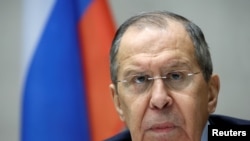 FILE: Russian Foreign Minister Sergei Lavrov looks on during a news conference after his meeting with U.S. Secretary of State Antony Blinken about tensions over Ukraine, in Geneva, Switzerland. 1.21.2022