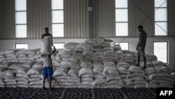 FILE - Men carry a bags of wheat to be loaded on an aid truck in a U.N. storehouse on the outskirts of Semera, Afar region, Ethiopia, May 15, 2022. 