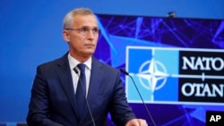 NATO Secretary-General Jens Stoltenberg speaks during a media conference after a meeting of NATO defense ministers at NATO headquarters in Brussels, June 16, 2022.