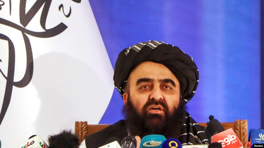 FILE - Taliban Foreign Minister Amir Khan Muttaqi speaks during a news conference in Kabul, Afghanistan on Sept. 14, 2021.