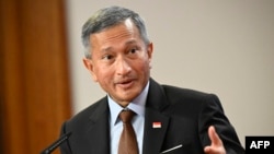 FILE - Singapore's Minister of Foreign Affairs Vivian Balakrishnan gives a press statement in Berlin, Germany, on April 4, 2022. 