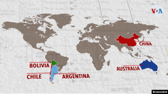 China es un jugador grande en la explotación de litio y sus empresas también tienen operaciones en Australia, Chile, Argentina y aspira a la explotación comercial de litio en Bolivia.