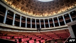 A photograph taken on May 17, 2022 shows a general view of the hemicycle of the French National Assembly in Paris. 