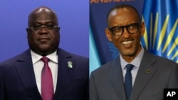 Presidente da República Democrática do Congo, Felix Tshisekedi, (esq) e Presidente do Ruanda, Paul Kagame, (dir), 4 julho 2022