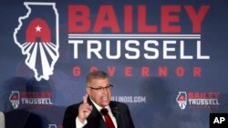 Republican gubernatorial primary candidate Illinois state Sen. Darren Bailey addresses the crowd after winning the Republican primary June 28, 2022, in Effingham, Ill.