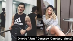 Dmytro "Jane" Denysov when she appears as a man (left) and when she comes out as a transsexual person (right)