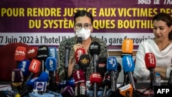 An accuser speaks during a press conference organized by the Moroccan Association for the Rights of Victims in Tangiers on June 17, 2022, regarding the trial of Jacques Bouthier, the French former CEO of the Vilavi group who was charged with human trafficking and rape of a minor.