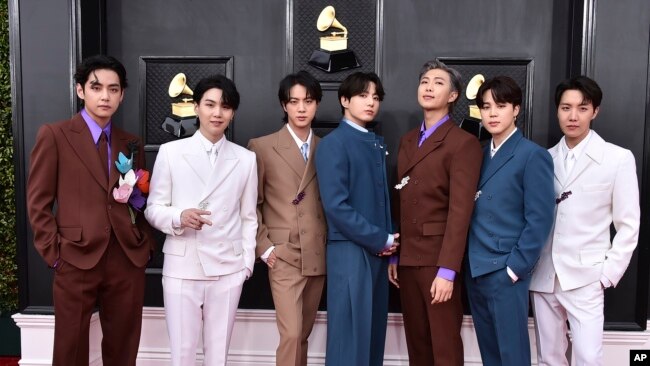 FILE - BTS appearing at the Grammy Awards in Las Vegas, Nevada, in April 2022. (Photo by Jordan Strauss/Invision/AP, File)
