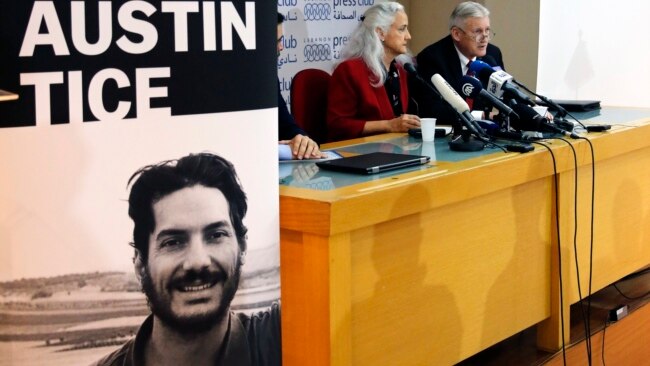 FILE - Marc and Debra Tice, the parents of Austin Tice, who is missing in Syria for nearly six years, speak during a press conference, at the Press Club, in Beirut, Lebanon, Dec. 4, 2018.