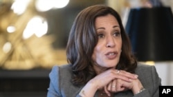 La vicepresidenta de Estados Unidos, Kamala Harris, interviene en una reunión sobre el derecho al aborto y Roe v. Wade, el 14 de junio de 2022, en su oficina en el edificio Eisenhower, en el complejo de la Casa Blanca, en Washington. (AP Foto/Jacquelyn Martin)