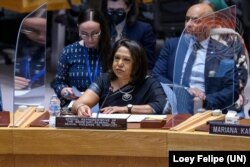 FILE—Pramila Patten, Special Representative of the Secretary-General on Sexual Violence in Conflict, briefs the Security Council meeting on women and peace and security.