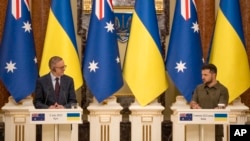 Ukrainian President Volodymyr Zelenskyy, holds a press conference with Australian Prime Minister Anthony Albanese, in Kyiv, Ukraine, July 3, 2022. 