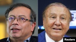 Una imagen combinada muestra a los candidatos presidenciales colombianos Gustavo Petro y Rodolfo Hernández hablando con Reuters y los medios en Bogotá, Colombia, el 10 de junio de 2022 y el 24 de mayo de 2022.