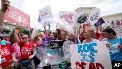 Aktivis anti-aborsi merayakan di luar Mahkamah Agung setelah keputusannya untuk membatalkan putusan aborsi tahun 1973 yang dikenal sebagai Roe v. Wade. (Foto: AP)