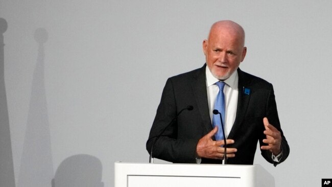 U.N. Special Envoy for the Ocean Peter Thomson addresses the U.N. Ocean Conference in Lisbon, Portugal, July 1, 2022.