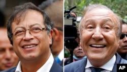 FILES - This combination of photos shows Colombian presidential candidates: Gustavo Petro, left, on June 17, 2018; and Rodolfo Hernandez, on June 2, 2022, in Bogota, Colombia.