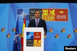 FILE - Spain's Prime Minister Pedro Sanchez speaks during a news conference during a NATO summit in Madrid, Spain, June 30, 2022.