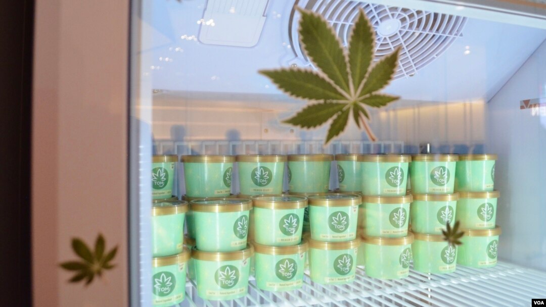 At the Hemp House outlet in Bangkok’s EmQuartier mall, shoppers can pick up a tub of chocolate ice cream infused with cannabis terpenes, the chemicals that give the plant its signature scent and flavor. (Peter Zsombor/VOA)