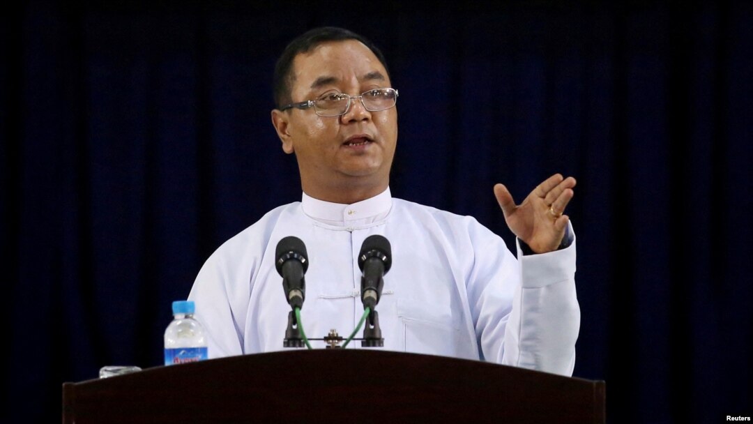 FILE - Myanmar's military junta spokesman Zaw Min Tun speaks during the information ministry's press conference in Naypyitaw, Myanmar, March 23, 2021. 