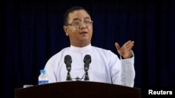 FILE - Myanmar's military junta spokesman Zaw Min Tun speaks during the information ministry's press conference in Naypyitaw, Myanmar, March 23, 2021. 