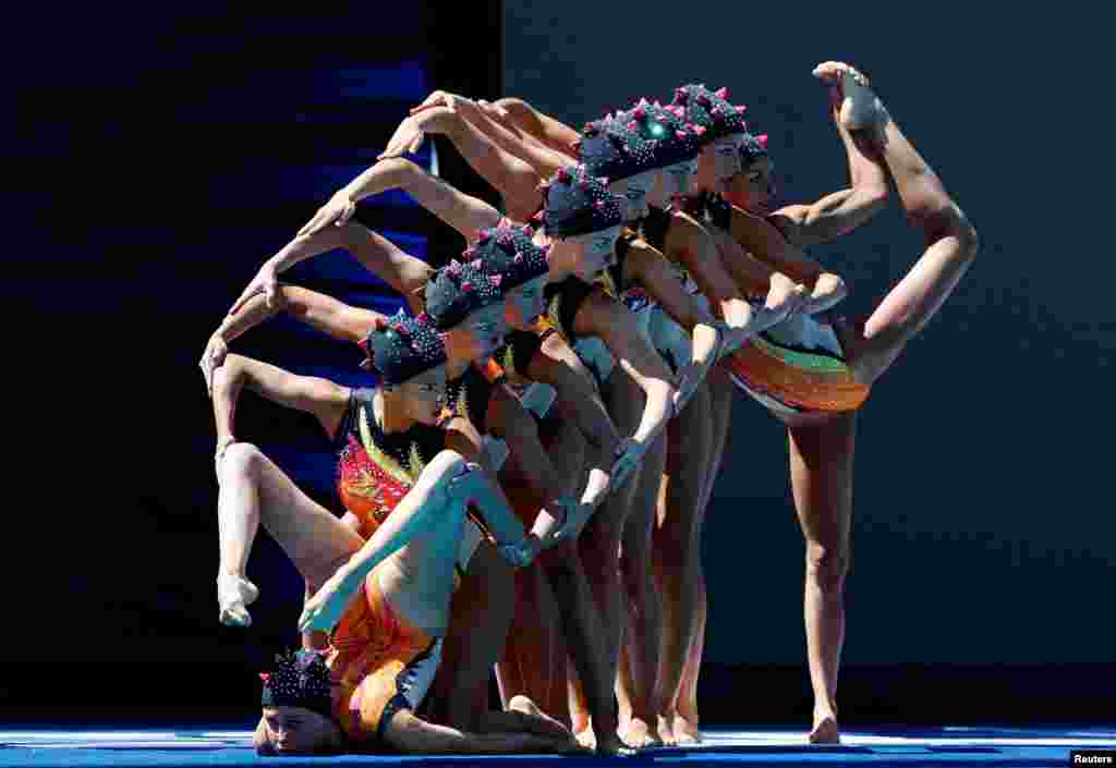 Team Italy performs in the women&#39;s artistic swimming finals during the FINA World Championships at the Alfred Hajos Swimming Complex in Budapest, Hungary.