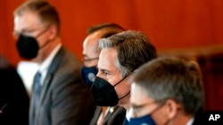 US Secretary of State Antony Blinken, second from right, attends a meeting with Thailand's Foreign Minister Don Pramudwinai at the Thai Ministry of Foreign Affairs in Bangkok on July 10, 2022.