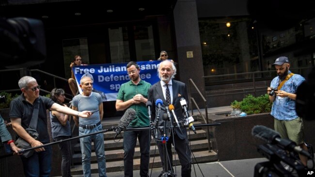 John Shipton, the father of Julian Assange, speaks at a press conference outside the British Consulate in New York on Friday, June 17, 2022. Assange’s family is demanding the United States drop espionage charges against him, and call off his extradition from the United Kingdom.