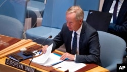 FILE - Olof Skoog, European Union ambassador to the United Nations, speaks during a meeting of the Security Council, April 5, 2022, at U.N. headquarters.
